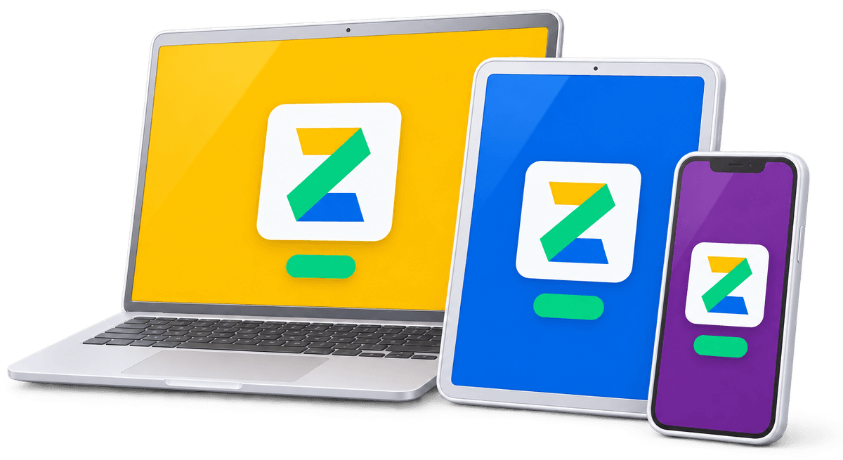 A laptop, a tablet and a phone, each showing Ziago.